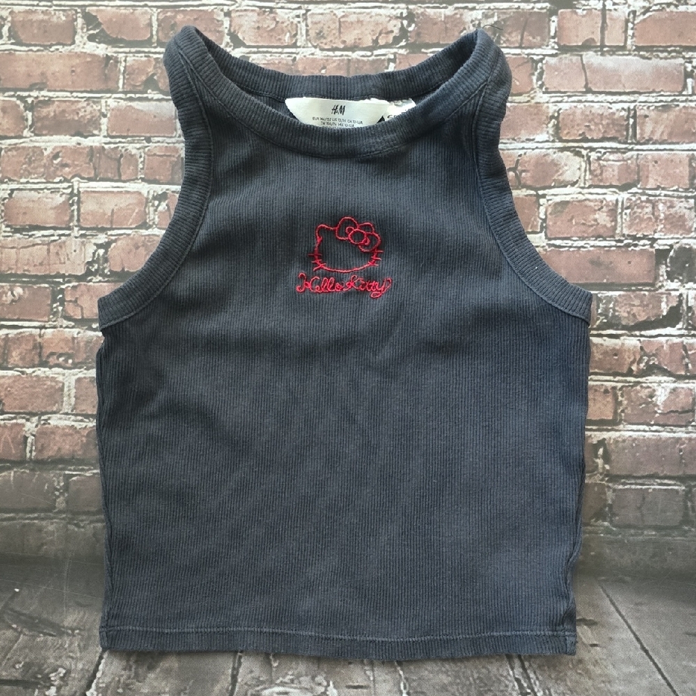 H&M Kids Dark Gray Ribbed Tank Top with Red Hello Kitty Embroidery